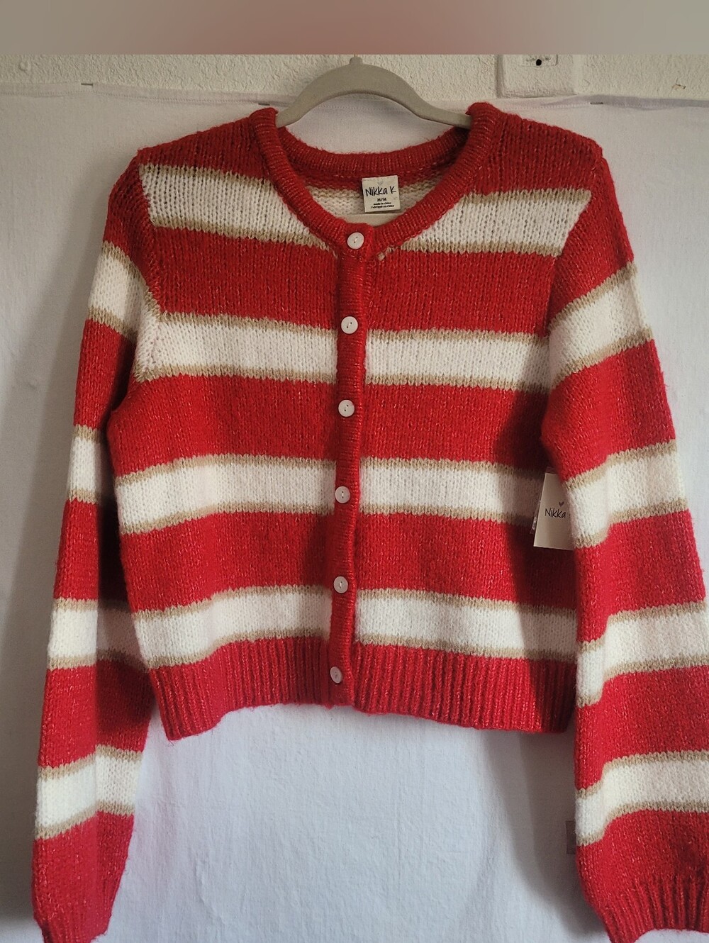 Nikka K.. Red & White Striped Button Cardigan, Coquette, Soft Fuzzy, Fall-winter